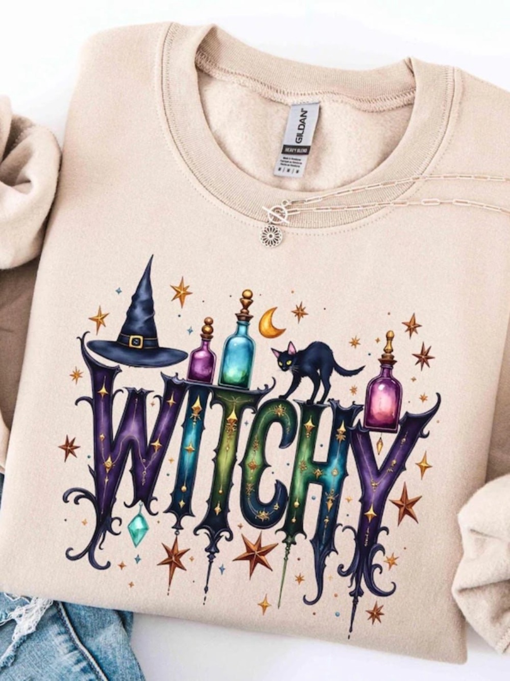 Crewneck Sweatshirt with Colorful 'WITCHY' Graphic
